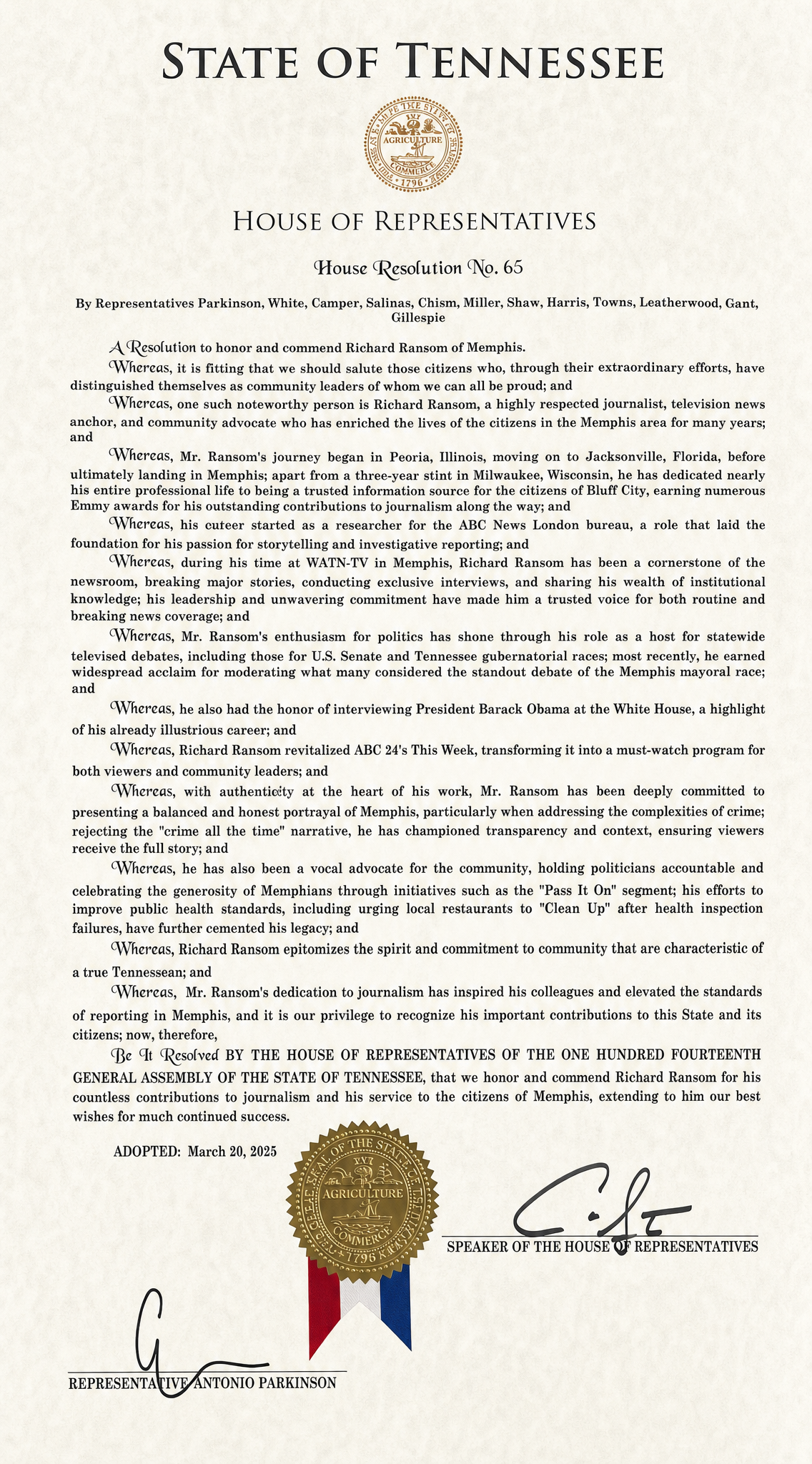 Tennessee House Resolution No. 65 honoring Richard Ransom